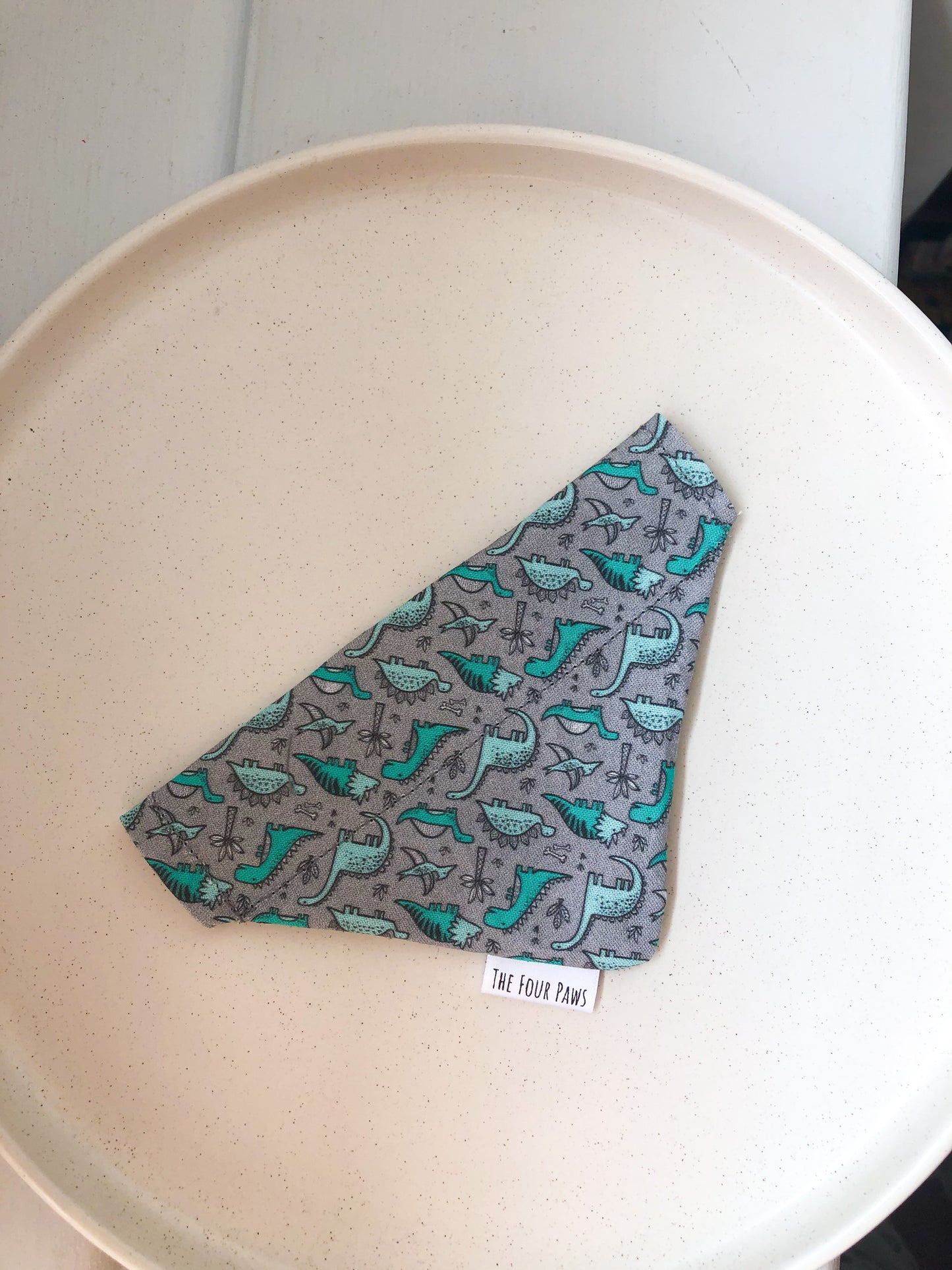 Green/Blue Tiny Dinos on Grey Bandana Over the Collar.