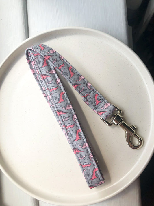 Pink Tiny Dino’s on Grey Fabric Lead