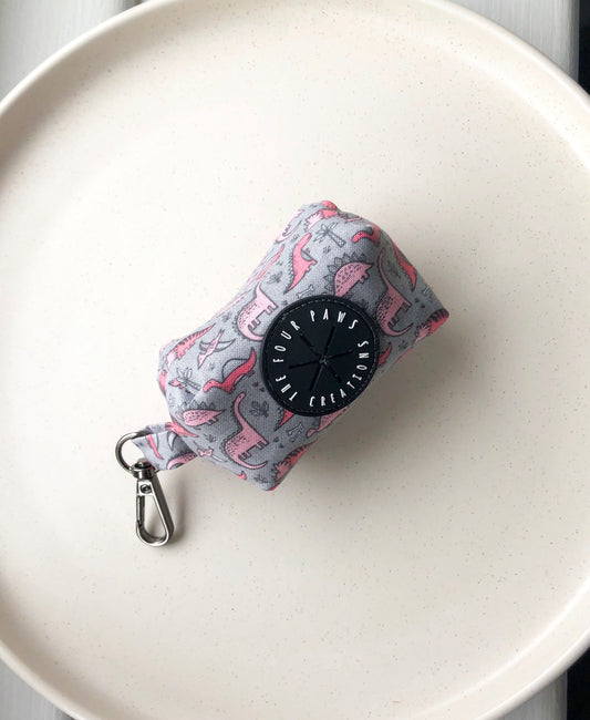 Pink tiny Dinos on grey Poo bag holder