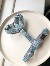 Load image into Gallery viewer, Green/Blue Tiny Dino&#39;s on Grey Fabric Strap Harness